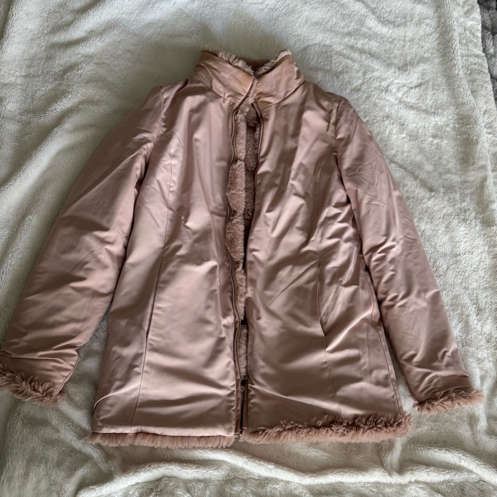 Light pink Via Spiga Faux Fur Jacket Reversible Coat with Stand Collar medium - Picture 8 of 8